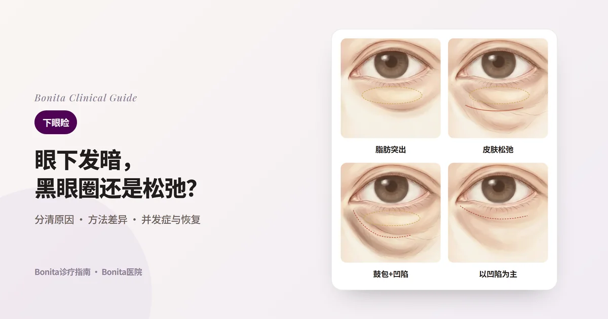 四张眼部插图卡片：以脂肪为主要问题、脂肪突出加皮肤松弛、鼓包下方还有凹陷、以凹陷为主要问题的眼下，以及各自先考虑的方法