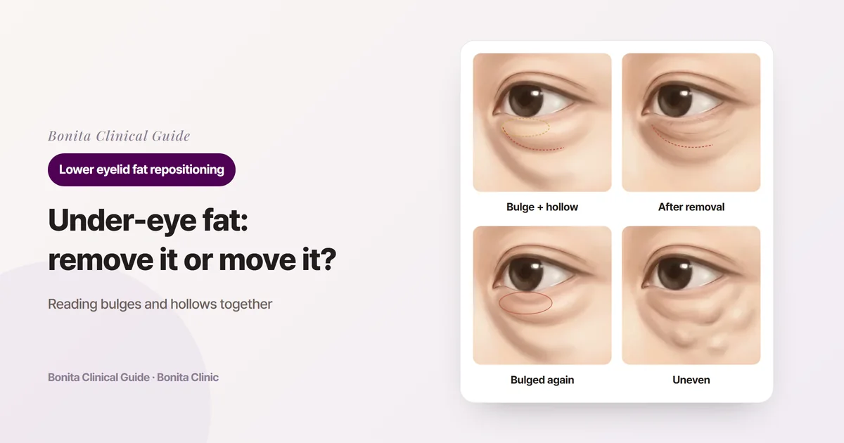 Four eye illustration cards: a bulge with a hollow beneath, hollowing after fat removal, bulging again after surgery, and unevenness after filler or fat grafting, each with its common cause