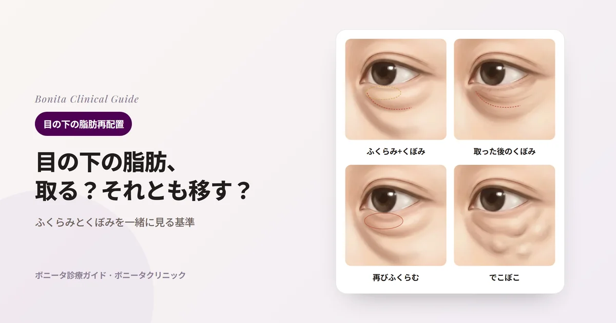 4枚の目のイラストカード:ふくらみとくぼみが一緒にある目の下、脂肪を取った後にくぼんだ目の下、手術後に再びふくらんだ目の下、フィラーや脂肪移植の後にでこぼこした目の下と、それぞれのよくある原因