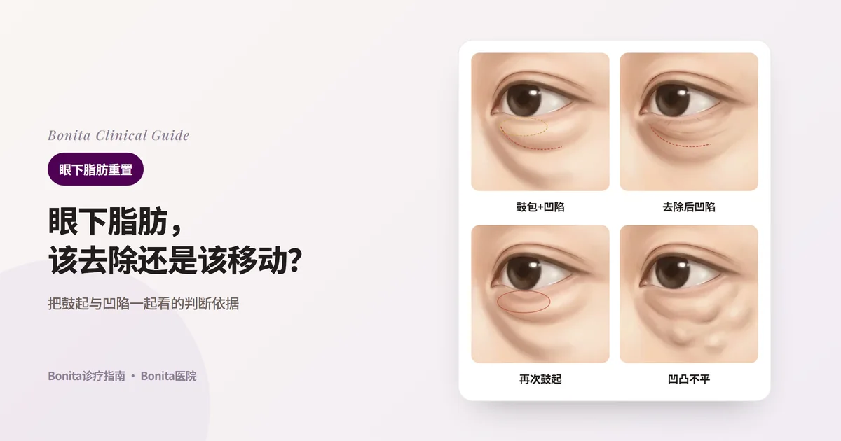 四张眼部插图卡片：鼓起和凹陷同时存在、去除脂肪后凹陷、术后又鼓起、填充剂或脂肪移植后凹凸不平的眼下，以及各自的常见原因