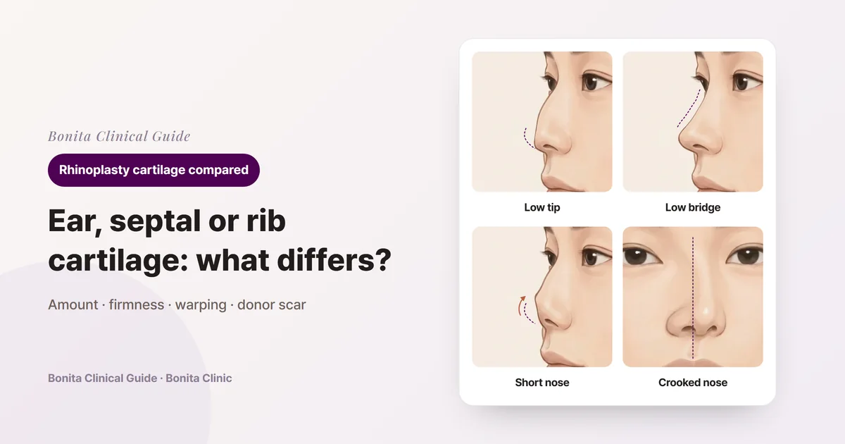 Four drawings of the same person's nose: a low tip in profile, a low bridge in profile, a short upturned nose in profile and a crooked nose from the front.