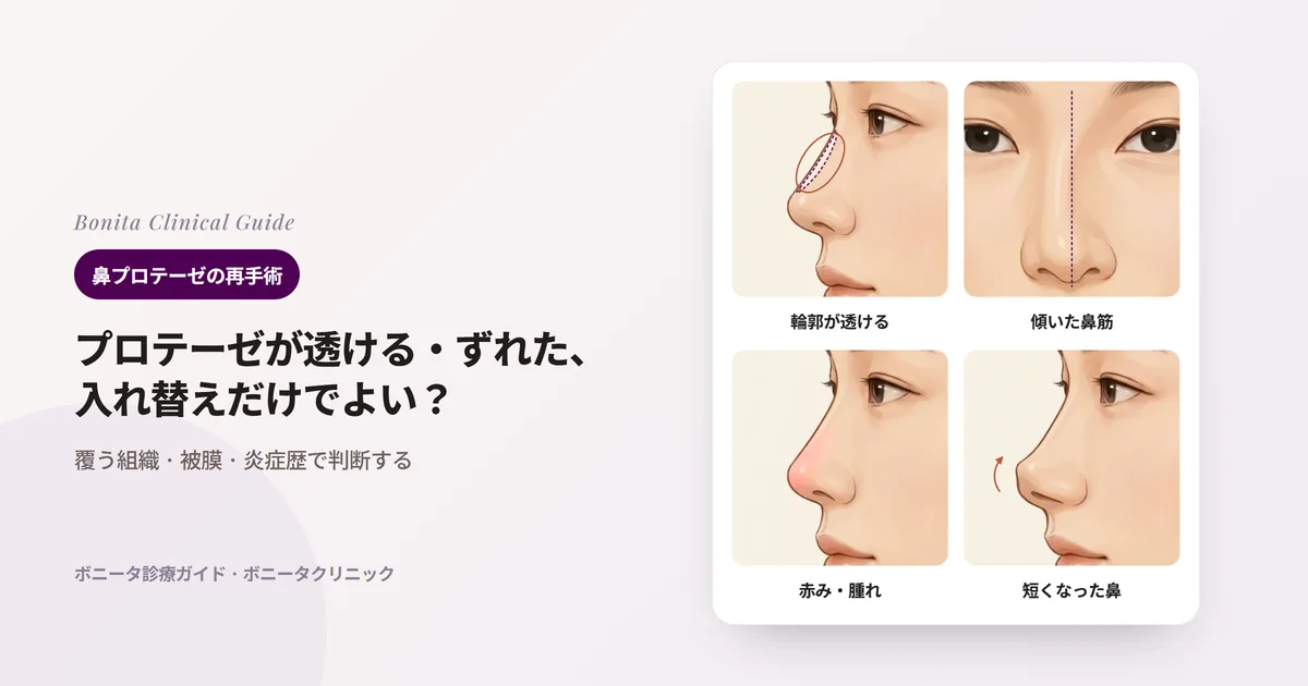 鼻プロテーゼのトラブルの四つの形を横顔と正面のイラストに示したカード:鼻筋に輪郭が透ける、鼻筋が片側に傾く、鼻先・鼻筋の赤みと腫れ、短くなり上を向いた鼻先