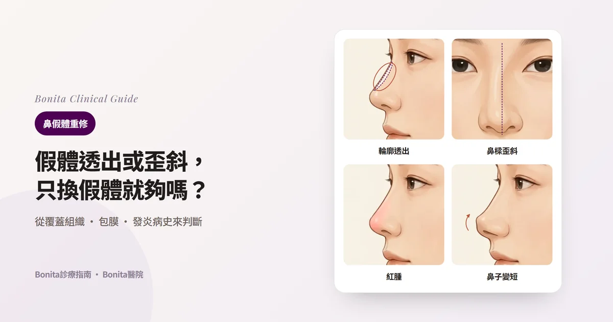 在側面與正面插圖上標出鼻假體問題四種表現的卡片:鼻樑透出輪廓、鼻樑偏向一側、鼻頭鼻樑反覆紅腫、鼻子變短鼻頭上翹