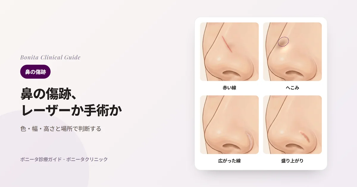 同じ鼻のイラスト4枚に、赤い線と色素沈着、へこんで影ができる傷跡、小鼻のしわに沿って広がった傷跡、盛り上がった傷跡をそれぞれ描き、主に検討する治療を書いたカード