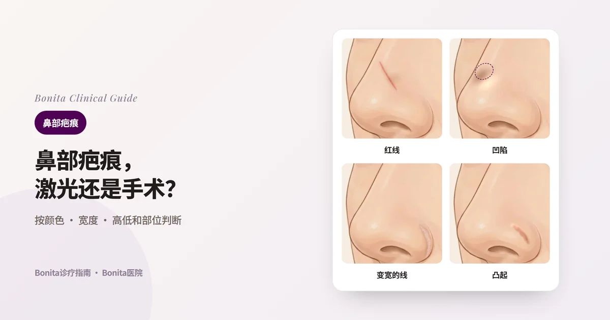 同一个鼻子的四张插画分别画出红线和色沉、凹陷形成阴影的疤痕、沿鼻翼沟变宽的疤痕、凸起的疤痕，并写出主要考虑的治疗