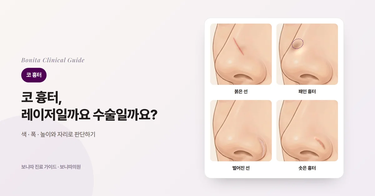 같은 코 삽화 네 장에 붉은 선과 착색, 패여서 그늘진 흉터, 콧망울 주름을 따라 넓게 벌어진 흉터, 튀어나온 흉터를 각각 그리고 주로 검토하는 치료를 적은 카드