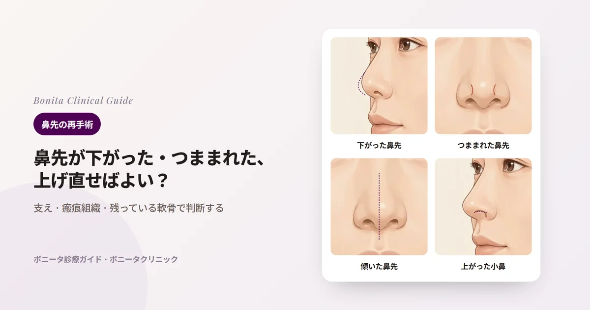同じ人の鼻を描いたカード四枚：斜めの横顔で元の輪郭より下がった鼻先、正面で鼻先と小鼻の間に溝ができたつままれた鼻先、中心線から外れた鼻先、横顔で元の縁より上がった小鼻