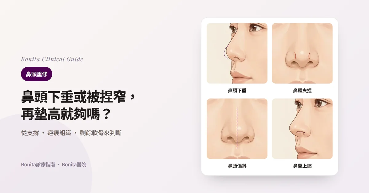 以同一個人的鼻子繪製的四張卡片：斜側面看比原來輪廓下垂的鼻頭、正面看鼻頭與鼻翼之間出現凹溝的夾捏鼻頭、偏離中線的鼻頭、側面看比原來邊緣上縮的鼻翼
