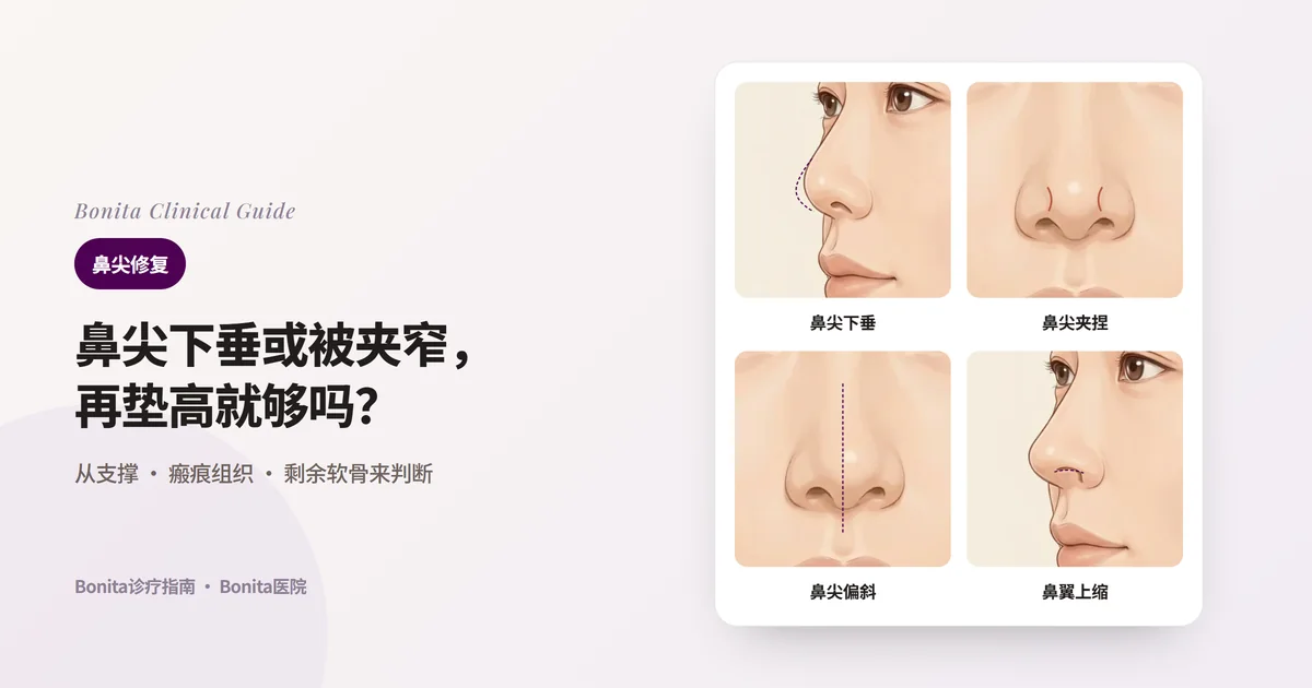 以同一个人的鼻子绘制的四张卡片：斜侧面看比原来轮廓下垂的鼻尖、正面看鼻尖与鼻翼之间出现凹沟的夹捏鼻尖、偏离中线的鼻尖、侧面看比原来边缘上缩的鼻翼