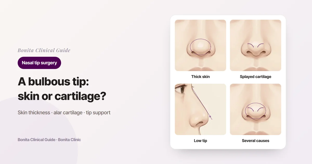 Four drawings of the same person's nasal tip: a round tip with thick skin and soft tissue (dashed: the covering tissue), a broad tip with splayed alar cartilages (dashed: cartilage position)