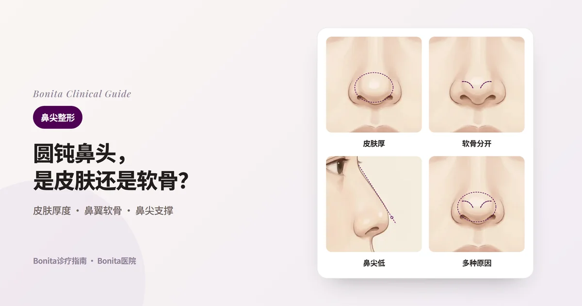 同一个人的四张鼻尖插图：皮肤与软组织较厚的圆鼻尖（虚线为覆盖组织）、鼻翼软骨分开的宽鼻尖（虚线为软骨位置）、低而无力鼻尖的侧面（虚线为鼻根到鼻尖的连线）、多种原因叠加的鼻尖，每张卡片写出主要考虑的方法。