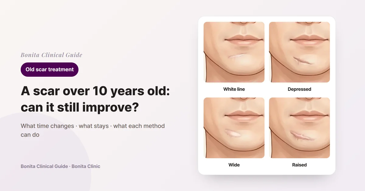 Four cards showing an old scar on the front of the same man's chin, below the lower lip: a flat white line, a scar sunk below the surface with a shadow, a wide band-like scar, and a raised scar.