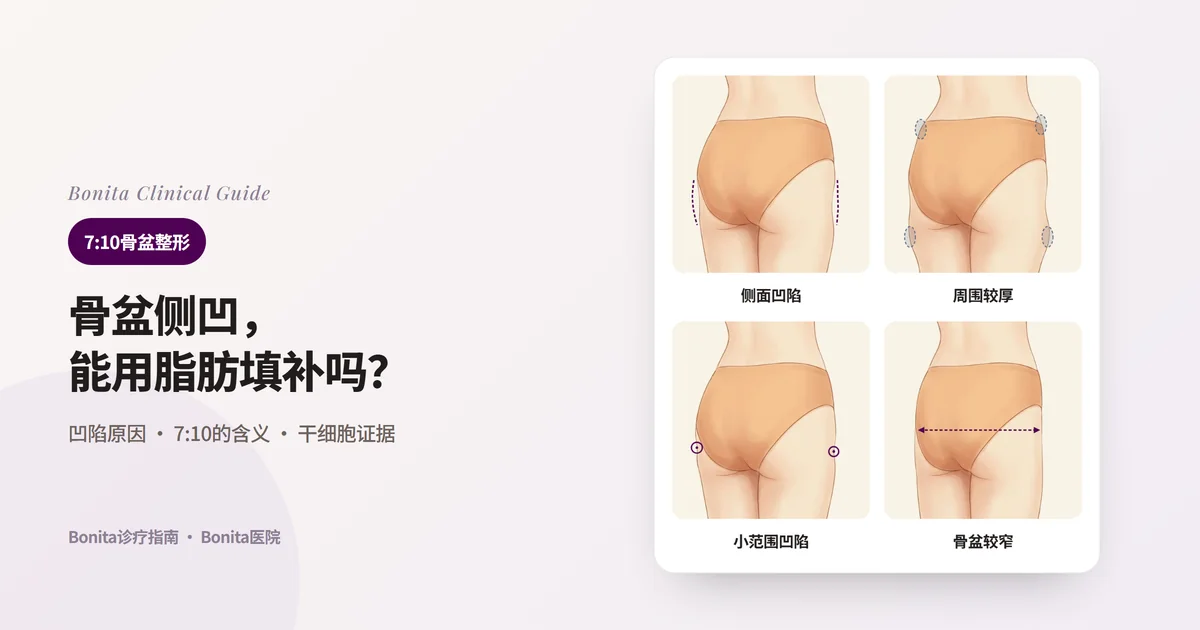 四张背面骨盆插图，分别标示骨盆侧面凹陷、周围较厚使凹陷更明显、小范围凹陷、骨盆骨较窄的情况，并写出考虑的方法与局限