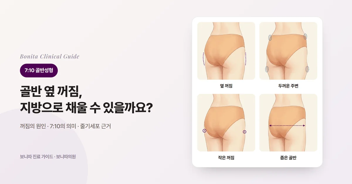 뒤에서 본 골반 삽화 네 장에 골반 옆이 꺼진 경우, 주변이 두꺼워 꺼짐이 도드라지는 경우, 작은 범위만 꺼진 경우, 골반 뼈가 좁은 경우를 각각 표시하고 검토하는 방법과 한계를 적은 카드