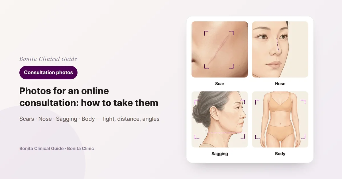 Four new illustrations: a close-up of a man's cheek with a thin scar and corner marks framing the close-up area, a woman's nose seen at 45 degrees with the bridge line