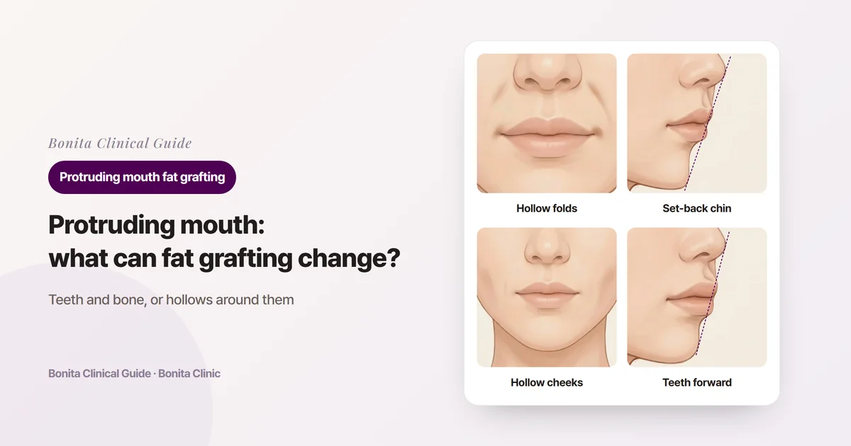 Four illustrations of the same woman in her twenties: hollows around the smile lines (front), a set-back chin (side), hollow cheeks (front), and lips pushed forward with the teeth (side)