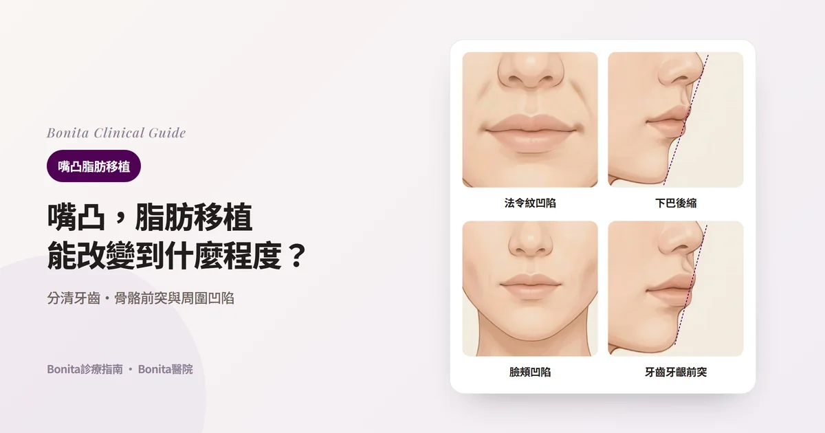 同一位20多歲女性的四張插畫：正面看法令紋周圍凹陷、側面看下巴後縮、正面看臉頰凹陷、側面看嘴唇隨牙齒一起前突，並寫明各自先確認的內容。側臉圖以虛線標出鼻尖到下巴尖的連線。