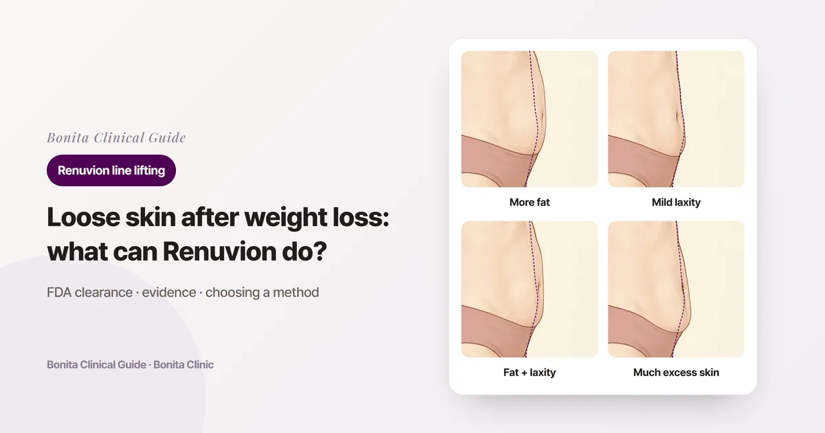 Four side-view belly illustrations of the same person showing a belly rounded by more fat, a lower belly with mildly loose skin, a belly with both fat and laxity