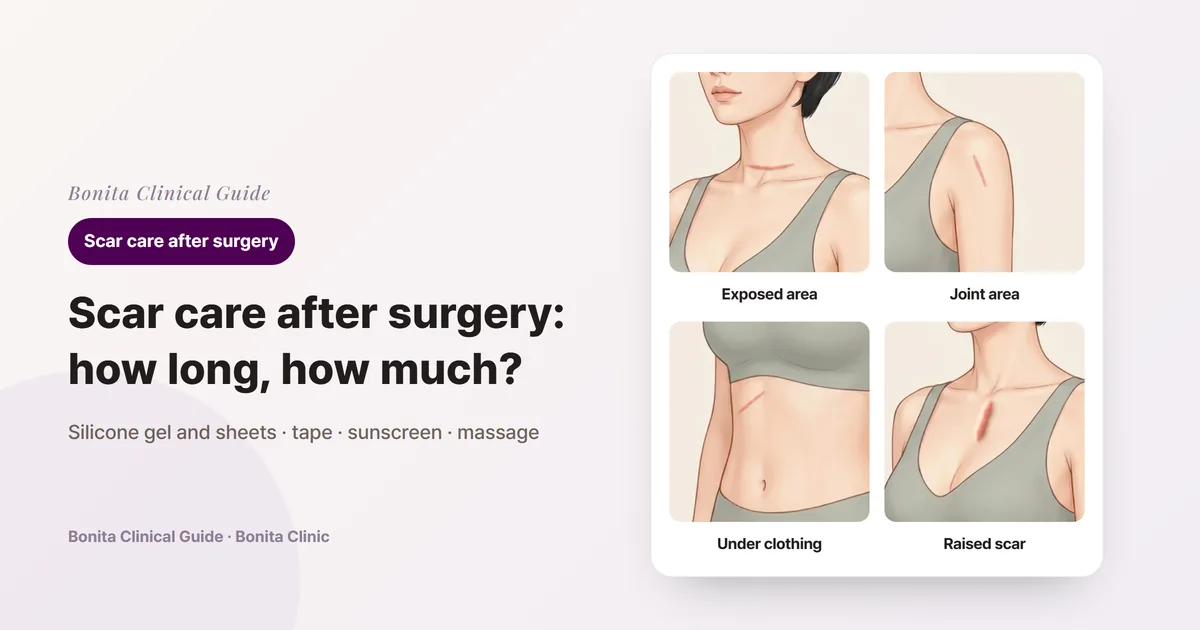 Four drawings of the same person's body: a thin red scar in the lower neck crease, a thin scar on the front of the shoulder, a scar on the upper abdomen below the ribs, and a red