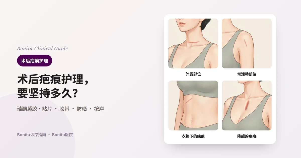 同一人身体的四幅插图:颈部下方皱纹处的细红疤痕、肩膀前方的细疤痕、肋骨下方上腹部的疤痕、前胸正中发红增厚隆起的疤痕。每张卡片写明居家先考虑的护理。