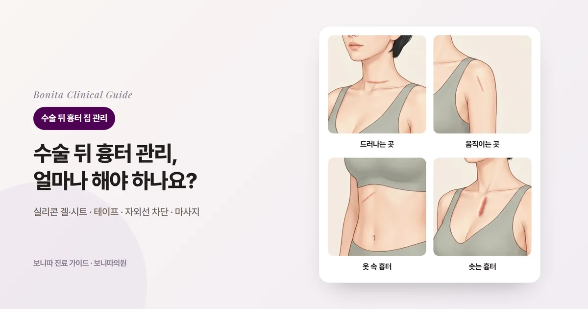 같은 사람의 몸 삽화 네 장: 목 아래 주름의 가는 붉은 흉터, 어깨 앞의 가는 흉터, 갈비뼈 아래 윗배의 흉터, 앞가슴 가운데에 붉고 두껍게 솟은 흉터. 카드마다 집에서 먼저 생각할 관리를 적었다.