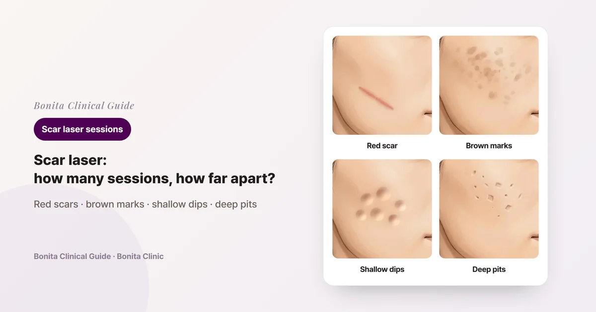Four illustrations of the same person's cheek: a red line scar, brown marks, shallow broad depressions, and narrow deep pits. Each card notes the laser or approach mainly considered.
