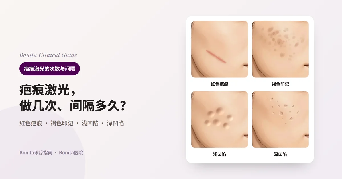 同一人脸颊的四张插图:红色线状疤痕、褐色印记、浅而宽的凹陷、窄而深的凹陷。每张卡片注明主要考虑的激光或方法。