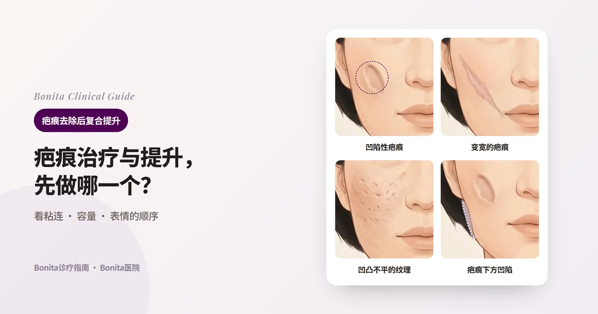 在同一张脸的同一侧脸颊上分别画出凹陷性疤痕、变宽的疤痕、凹凸不平的纹理和痕迹、疤痕下方凹陷的脸颊轮廓，并写出各自先做的事的四张卡片