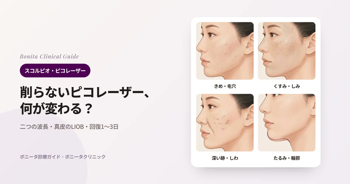 横顔のイラスト4枚に、毛穴の目立つ粗いきめと浅い傷跡、くすんだ肌と小さなしみ、深くへこんだ傷跡とはっきりしたしわ、元の輪郭（点線）より下がったあご下を示し、スコルピオの役割とあわせて考える方法を書いたカード