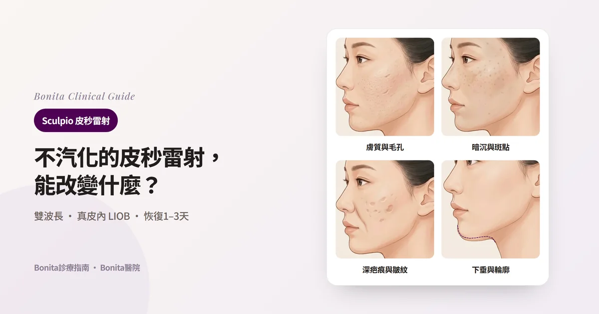 四張側臉插圖分別顯示毛孔明顯的粗糙膚質與淺疤痕、暗沉膚色與小斑點、深凹疤痕與明顯皺紋、比原輪廓（虛線）下垂的下顎下方，並寫出Sculpio的角色與一併考慮的方法