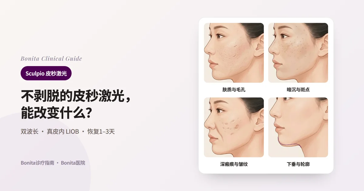 四张侧脸插图分别显示毛孔明显的粗糙肤质与浅瘢痕、暗沉肤色与小斑点、深凹瘢痕与明显皱纹、比原轮廓（虚线）下垂的下颌下方，并写出Sculpio的角色与一并考虑的方法