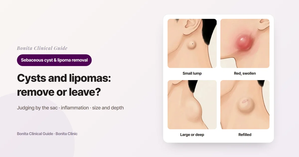Four cards on a side-of-neck illustration: a small lump without inflammation below the earlobe, a red, swollen, painful lump in front of the jaw, a large deep lump on the back of the neck