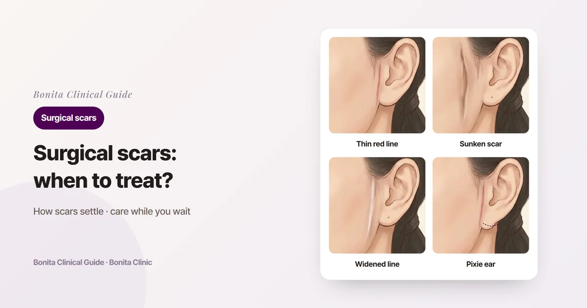 Four cards on the same side view of a face, showing in front of the ear a thin red scar line, a sunken, pulled scar, a widened scar and a pixie ear with the earlobe pulled down and forward