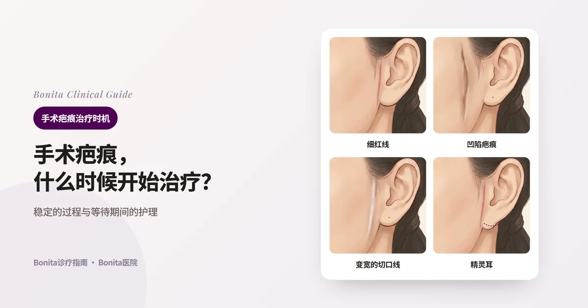 同一个人的侧脸插画四张，在耳前分别画出细红线疤痕、凹陷被牵拉的疤痕、明显变宽的疤痕，以及耳垂被往前下方拉的精灵耳，并写出Bonita医院所用方法的卡片