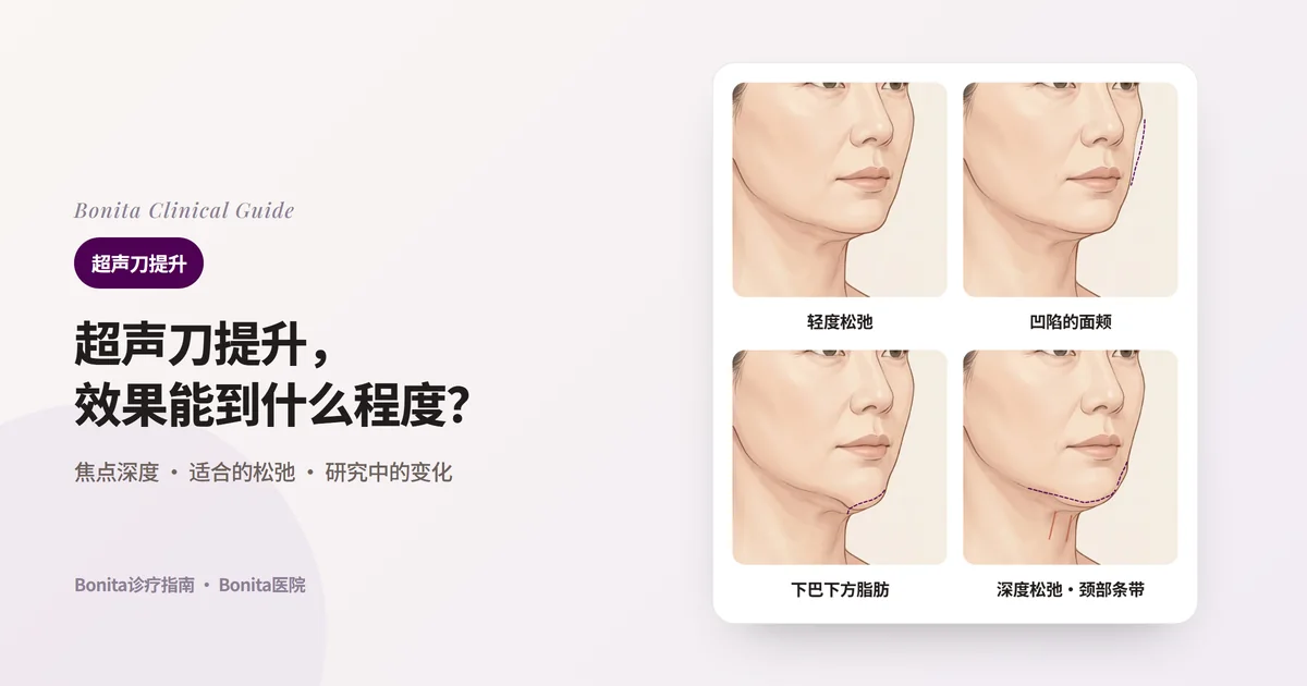 四张斜侧脸插图分别显示轻度松弛的下颌线、比原轮廓（虚线）凹陷的面颊、堆积在下巴下方的脂肪、深度下垂的下颌线与颈部条带，并写出各自考虑的方法