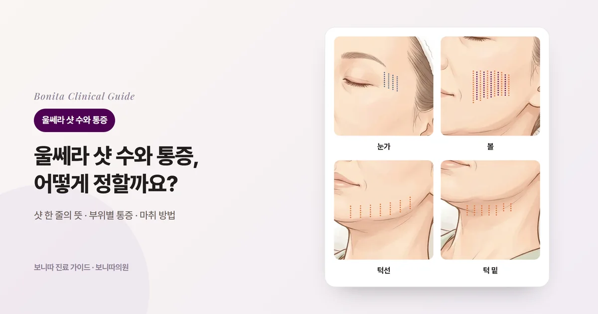 같은 여성 삽화에서 눈가, 볼, 턱선, 턱 밑을 잘라 낸 카드 네 장. 카드마다 그 부위에 샷 한 줄을 점선으로 그리고, 줄을 나누는 방법과 통증을 함께 적었다.