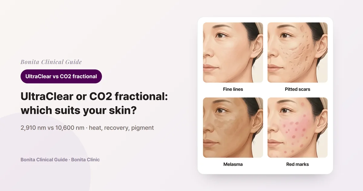 Four three-quarter-view face illustrations of the same woman: fine lines at the eye and rough texture, deep acne scars on the cheek, melasma over the cheekbone with deeper skin tone