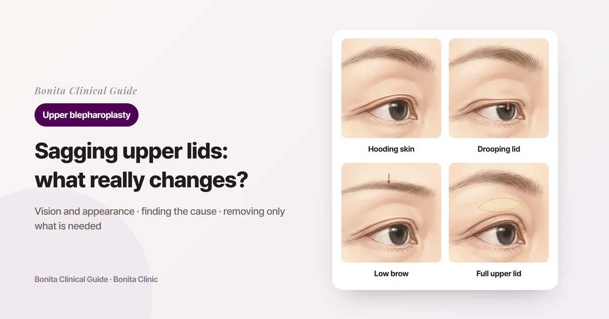 Four eye illustration cards: skin covering the lash line, a lid margin covering the iris, a lowered brow, and full upper lids, each with the approach considered first