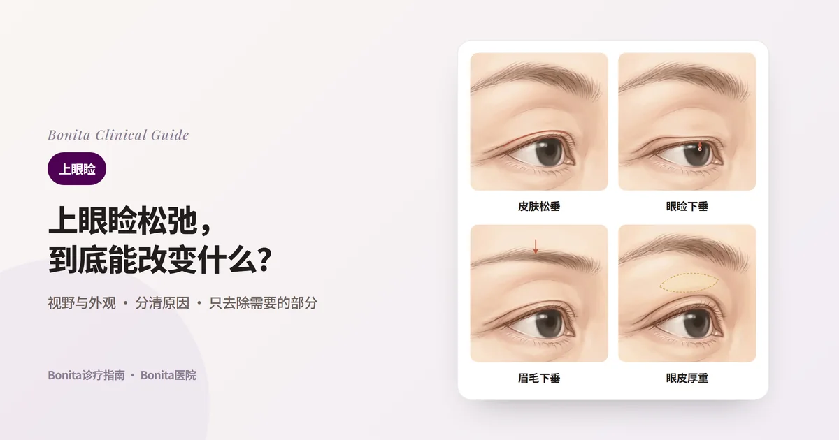 四张眼部插图卡片：皮肤盖住睫毛根部、眼睑边缘遮住黑眼珠、眉毛下移、上眼睑显得厚重，以及各自优先考虑的方法